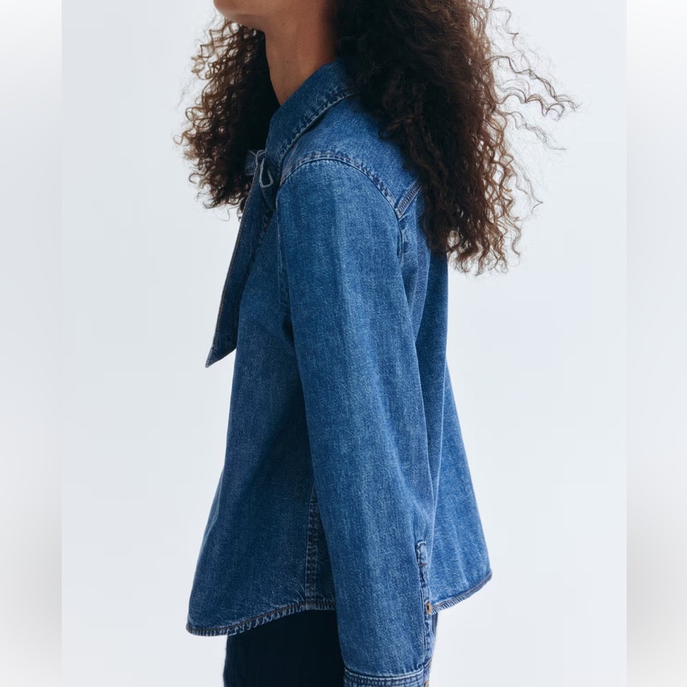 Blue Denim Blouse with Tie. - Picture 5 of 7